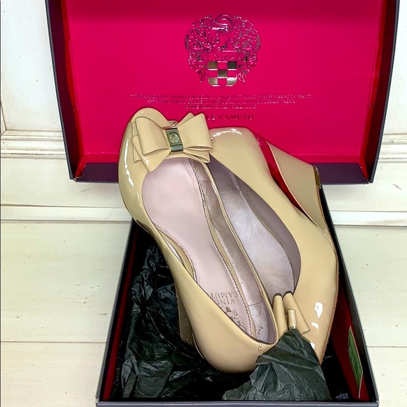 Vince Camuto Shoes - Vince Camuto Beige Patent Leather Peep Toe Wedges.